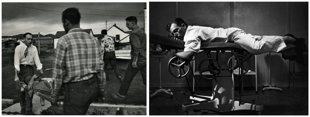 56. William Eugene Smith: l' Arte della "narrazione fotografica" 9 A sinistra il Dr Ceriani trasporta un malato in barella a destra riposa sul tavolo operatorio. Kremmling Colorado USA 1948.foto William Eugene Smith