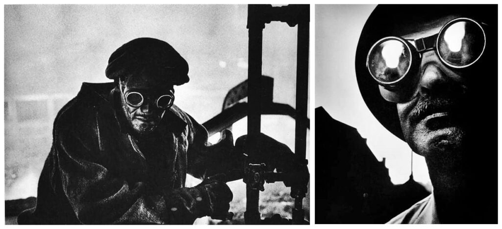 56. William Eugene Smith: l' Arte della "narrazione fotografica" 13 Operai siderurgici con occhiali di protezione. Pittsburgh1955. foto William Eugene Smith