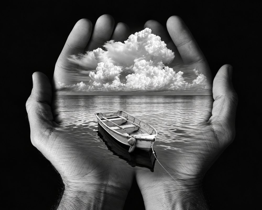 24.Untitled Hands with boat and clouds 1996. Jerry Uelsmann